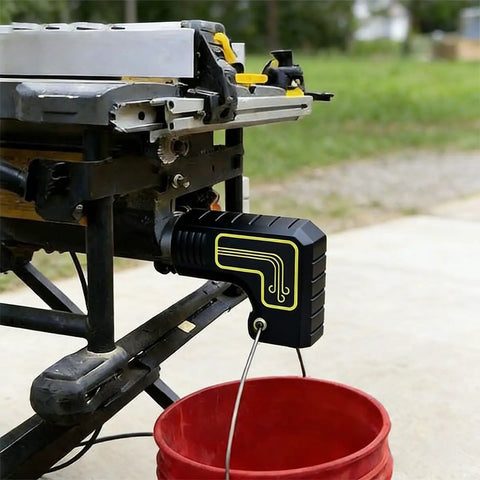 Table Saw Dust Collection Adapter With Snap On Dust Port, Tool Free Installation, Easy Hook On Fit, Efficient Sawdust Capture Up To Ninety Percent, Cleaner And Safer Workshop, Quick Setup, Black Finish, attached to a table saw outdoors.