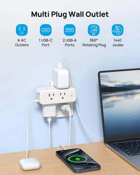 9 In 1 USB C Surge Protector Outlet Extender With 6 AC Outlets, 2 USB A Ports, And 1 USB C Port mounted on desk wall