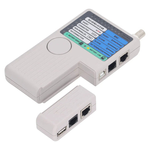 4 In 1 Cable Tester With Quick Response Detachable Modules For Network Telephone BNC USB RJ11 RJ45 And Coaxial Cables Meter Includes BNC Adapter Portable Handheld Tool For Tech Pros, white ABS body