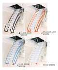 No Fuss Electric Attic Ladder, Totally Automatic Remote Controlled Pull Down Loft Stairs in various colors: black, orange, blue, and pure white.