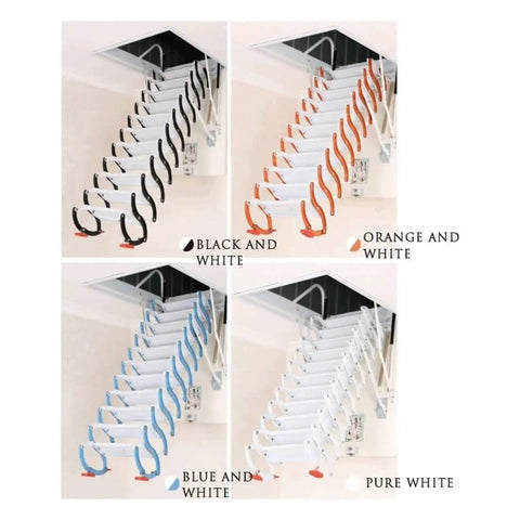 No Fuss Electric Attic Ladder, Totally Automatic Remote Controlled Pull Down Loft Stairs in various colors: black, orange, blue, and pure white.