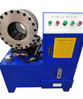 Heavy Duty Electric Hydraulic Hose Crimper Benchtop Workhorse With Ten Precision Dies Auto And Manual Modes For Rubber Lines 220V Three Phase showing control panel and crimping chamber.
