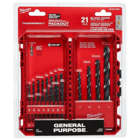 Drill bit set, Milwaukee 21-piece Thunderbolt black oxide in red case, front view