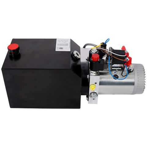 Heavy Duty 3200 PSI 12V DC Double Acting Hydraulic Power Unit Pump With 6 Qt Steel Reservoir side view, showing motor and tank.