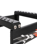 Close-up of Heavy Duty Universal Dirt Bike Stand With 1100 Lb Capacity, Detachable Lift, anti-slip steel hoist and graphic design.