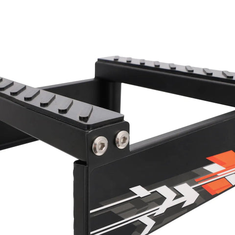 Close-up of Heavy Duty Universal Dirt Bike Stand With 1100 Lb Capacity, Detachable Lift, anti-slip steel hoist and graphic design.