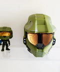 6 inch UNSC helmet mood light and small figurine on shelf, Master Chief Helmet Mood Light For Desk, Bedside, And Living Room