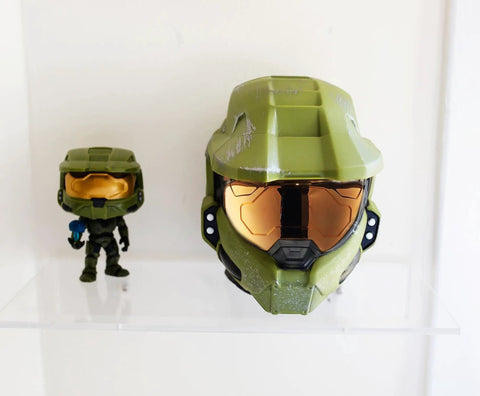 6 inch UNSC helmet mood light and small figurine on shelf, Master Chief Helmet Mood Light For Desk, Bedside, And Living Room