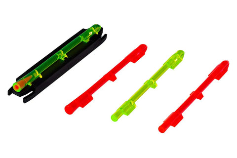 M Series Magnetic Front Shotgun Sight With Interchangeable LitePipes in green, red, and two-tone snap-on magnetic base, components shown.