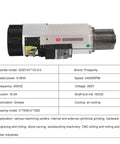 Heavy Duty Air Cooled Spindle Motor 9.0KW 24000RPM 380V ISO30 side view showing cooling fan and stainless steel casing.
