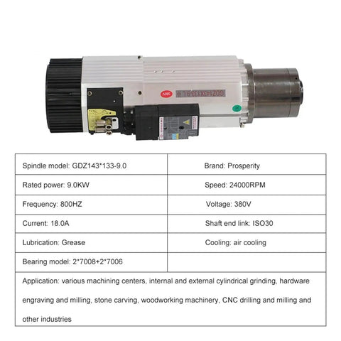 Heavy Duty Air Cooled Spindle Motor 9.0KW 24000RPM 380V ISO30 side view showing cooling fan and stainless steel casing.