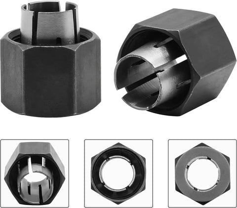 Two Piece Pro Grade Router Collet Kit With One Quarter Inch And One Half Inch Collets Fits DeWalt Bosch Hitachi. Steel collets.