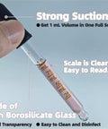Close-up of Six Pack Glass Pipette Droppers with Brush Set Bent and Straight Tips 1 mL Eye Droppers showing scale.