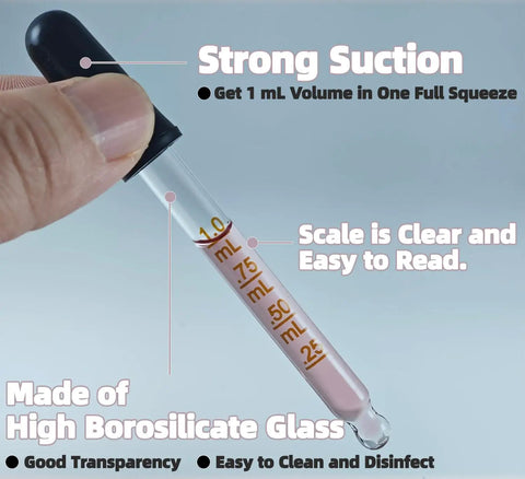 Close-up of Six Pack Glass Pipette Droppers with Brush Set Bent and Straight Tips 1 mL Eye Droppers showing scale.