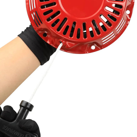 Person pulling a red recoil pull starter for Predator 196cc 212cc 6.5hp Coleman CT200U mini bike go-kart engine
