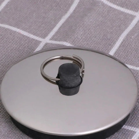 Rubber Bathtub Stopper 2pcs for Bathroom and Laundry Drain Use, close-up of shiny flat cover with rubber plug and ring.
