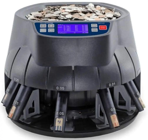 Close-up of Pro Grade USD Coin Counter and Sorter with Wrapper Roller, showing digital display and coin slots, 3000 coin capacity.