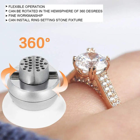 360 Degree Rotating Vise Engraving Tool Pro Grade With 30 Piece Attachments shown next to a diamond ring for jewelry crafting.