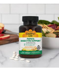 Kickstart Your Gut Game With This High Potency Papaya Digestive Enzyme Blend Featuring 200 Delicious Chewable Wafers For Keeping Things Moving Smooth And Bloat Free Daily in a bottle with white wafers.