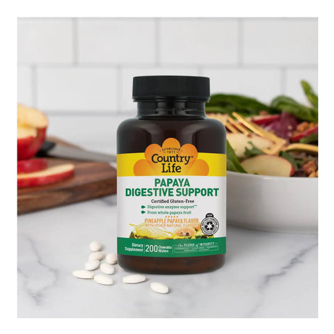 Kickstart Your Gut Game With This High Potency Papaya Digestive Enzyme Blend Featuring 200 Delicious Chewable Wafers For Keeping Things Moving Smooth And Bloat Free Daily in a bottle with white wafers.