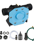 Heavy Duty Hand Drill Pump Moving 750 Gph Water Transfer Loads with blue pump and assorted adapters for rapid cleanup.