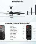 Diagram of 72 Inch Ceiling Fan With Light And Remote For Bedroom Living Room Library Cafe Outdoor Industrial Use 24W 3CCT Dimmable with remote control instructions