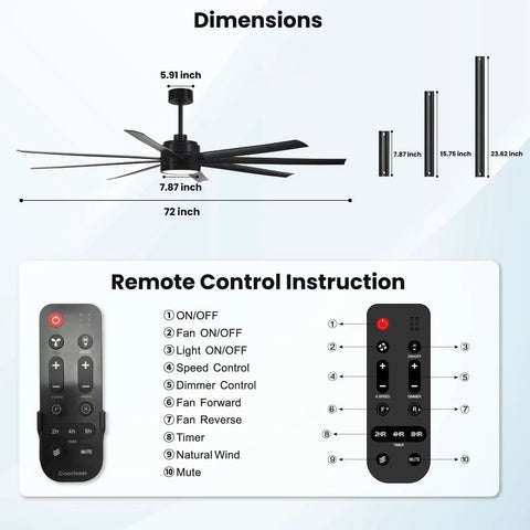 Diagram of 72 Inch Ceiling Fan With Light And Remote For Bedroom Living Room Library Cafe Outdoor Industrial Use 24W 3CCT Dimmable with remote control instructions