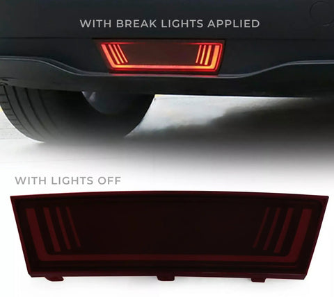 Dope Tesla Model Y Led Brake And Turn Signal Kit With Smoke Tint Lens Replaces Hitch Cover shown lit and unlit.