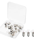 18 Pack E10 Miniature Screw Base Light Bulbs Delivering Hella Bright Warm Yellow Glow 4.8 Volt 2.4 Watt Glass And Metal Build in clear container.