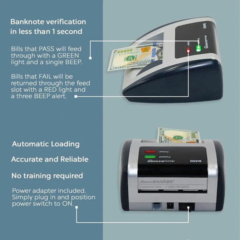 D450 Counterfeit Money Checker with banknote detection in under one second and visual alerts for suspect bills.