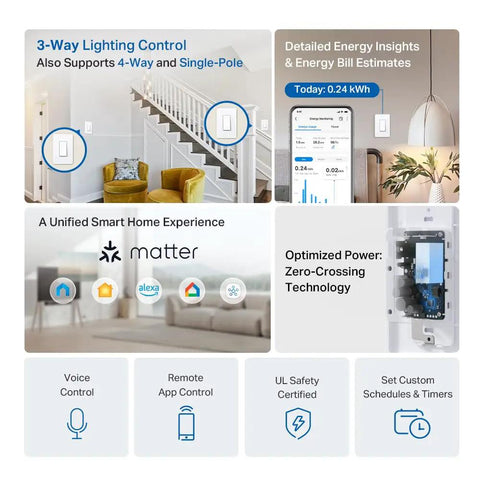 Smart Light Switch With Matter Compatibility, 3 Way 4 Way And Single Pole Lighting Control, Plug And Play Ready info