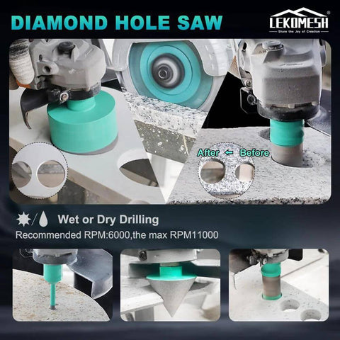 LEKOMESH tile hole saw kit for porcelain with six diamond bits 6/8/10/35/50/65mm and accessories