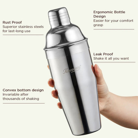 24 Ounce Cocktail Shaker Set With Bar Quality Strainer, Measuring Jigger, Mixing Spoon And Easy Recipe Guide For Beginners, Pro Grade Home Bar Kit In Silver, stainless steel shaker in hand