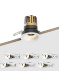 YOVELOS 6-Pack 10W Trimless Recessed LED 3 Inch Slim Spotlight with slim white bezel, gold accents, and multiple fixtures.