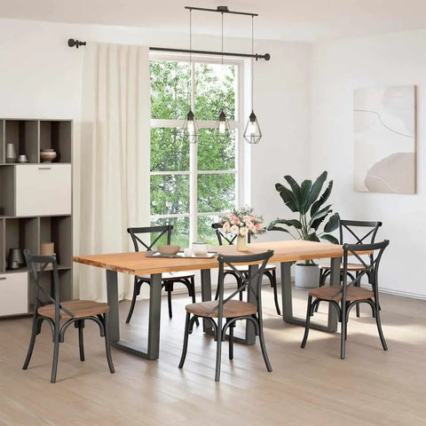 Dining room scene with adjustable three piece steel dining table legs for tables and benches, customizable furniture support, 80 cm height, in durable powder coated anthracite finish