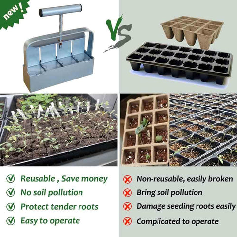 Pro Grade Handheld Soil Blocker Kit With 4 Cell 2 Inch Block Maker shown in comparison to traditional seed trays, highlighting eco-friendly benefits.