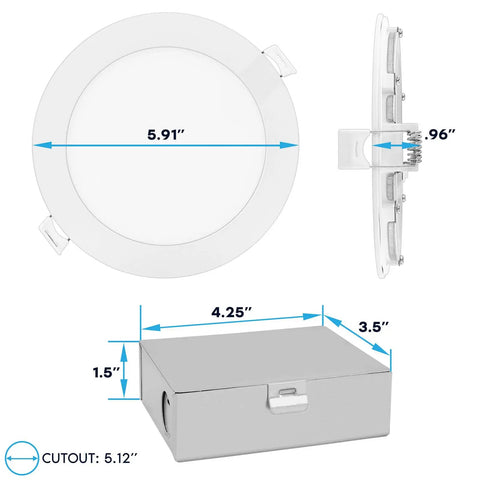 Dimensions and components of Ultra Thin 5 Inch LED Recessed Light With Junction Box 12W Dimmable Wafer Downlight 5 CCT