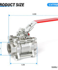 Built Tough One Quarter Inch FNPT 3 Piece Ball Valve In 304 Stainless Steel With Red Handle shown with dimensions for industrial piping use