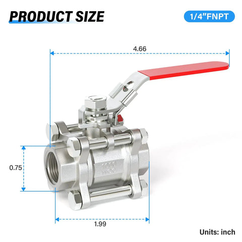 Built Tough One Quarter Inch FNPT 3 Piece Ball Valve In 304 Stainless Steel With Red Handle shown with dimensions for industrial piping use