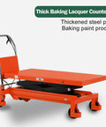Beefy Heavy Duty Double Scissor Lift Table Cart With 59 Inch Lift Height Hydraulic Foot Pump 1760 Lb Capacity shown in orange