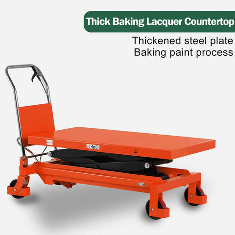 Beefy Heavy Duty Double Scissor Lift Table Cart With 59 Inch Lift Height Hydraulic Foot Pump 1760 Lb Capacity shown in orange