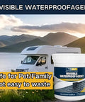 Heavy Duty Clear Waterproof Sealant Slick Seamless Liquid Coat Rock Solid Weather Shield For Roofs Walls Bathrooms Kitchens And Garden Decks Indoors Or Outside No Sweat Drip Guard in 300ml container outdoors near RV.