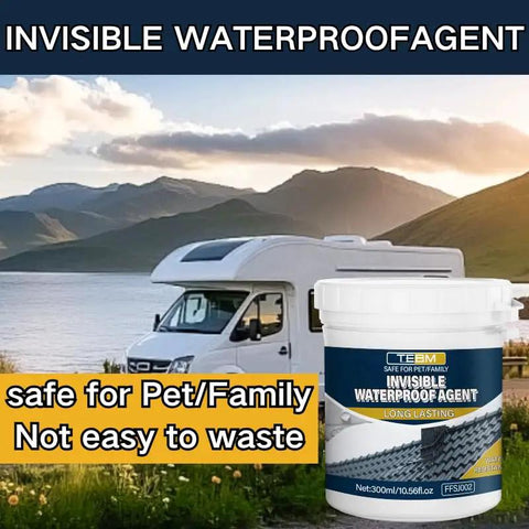 Heavy Duty Clear Waterproof Sealant Slick Seamless Liquid Coat Rock Solid Weather Shield For Roofs Walls Bathrooms Kitchens And Garden Decks Indoors Or Outside No Sweat Drip Guard in 300ml container outdoors near RV.