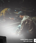 Portable Solar LED Work Light 100W With 336 LEDs, 15000 Lumens, 19200mAh Battery illuminating workers at job site.