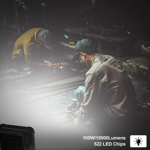 Portable Solar LED Work Light 100W With 336 LEDs, 15000 Lumens, 19200mAh Battery illuminating workers at job site.