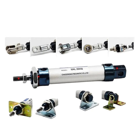 Front view of MAL25 aluminum pneumatic mini cylinder with 25mm bore; mounting hardware included