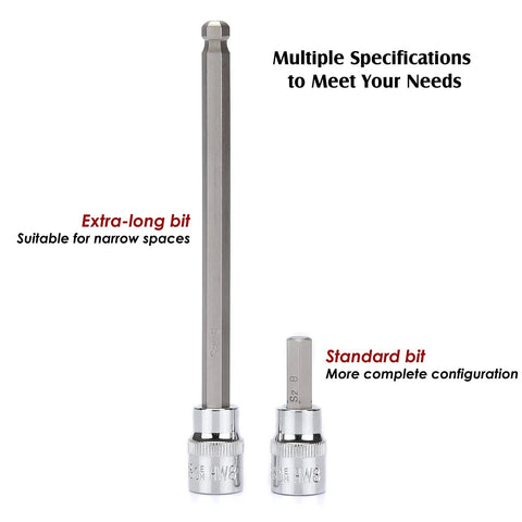 Extra-long and standard bits from 107 Piece Drive Socket Set With 1/4 3/8 And 1/2 Inch Bits, Torx Tamper Proof, Hex And Ball End Hex.