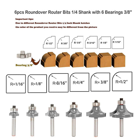 Image of Six Piece Roundover Router Bit Set with 1/4 Inch Shank Carbide Bits and Six Bearings, showing radius options 1/16 to 1/2 inch.