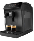 Top Shelf Automatic Espresso Brewer With Sturdy Built In Bean Mill And Silky Milk Frother For Killer Morning Brews No Hassle Auto Clean Features Plus Bold Flavor Dials For Real Coffee Heads Everyday next to two espresso glasses.