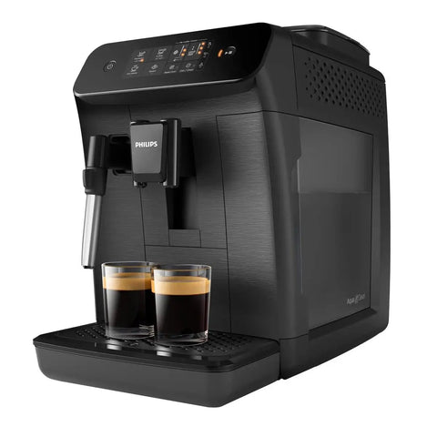 Top Shelf Automatic Espresso Brewer With Sturdy Built In Bean Mill And Silky Milk Frother For Killer Morning Brews No Hassle Auto Clean Features Plus Bold Flavor Dials For Real Coffee Heads Everyday next to two espresso glasses.